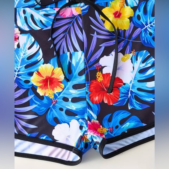 2pc Floral Tropical Print Long Sleeve Rash Guard Short Swim Set - Picture 5 of 8